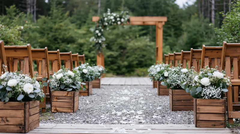 Outdoor wedding aisle lined with wooden chairs and floral arrangements along a gravel path leading to a wooden arch in a forest setting