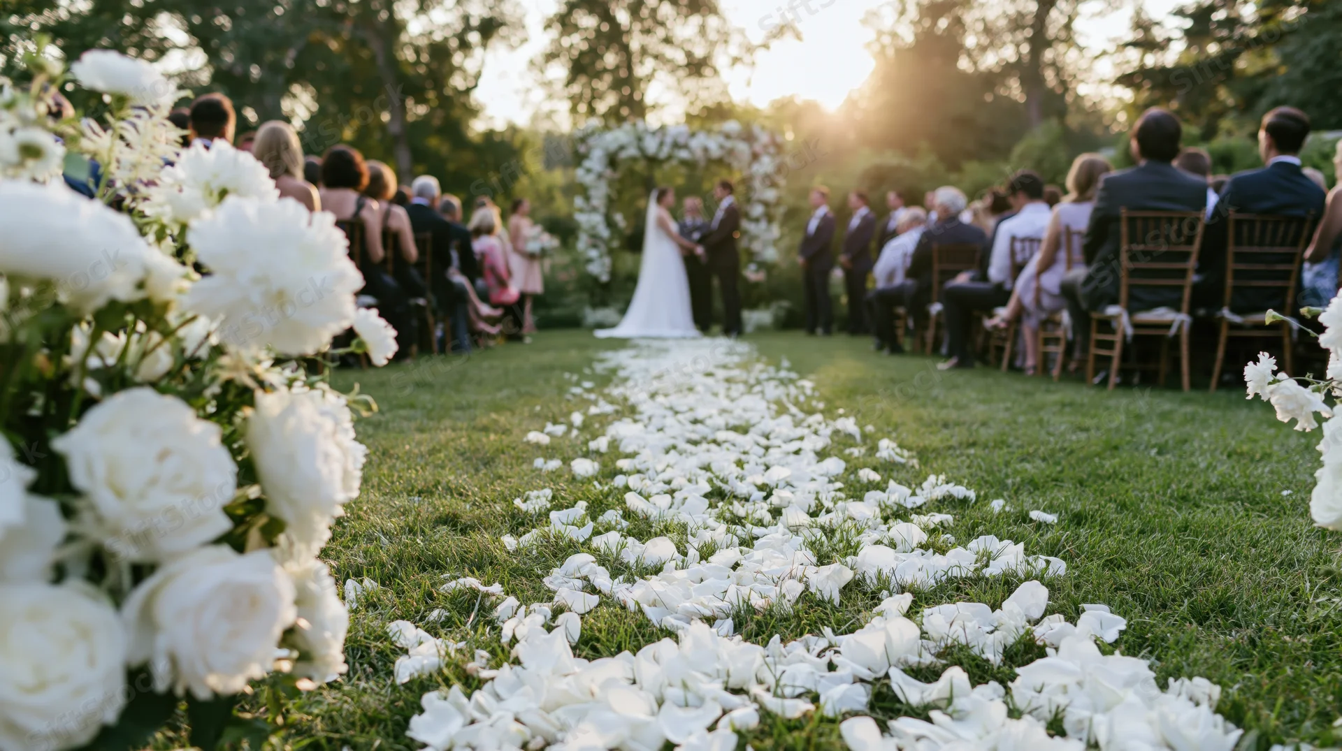 Bride and groom standing at floral arch during outdoor wedding ceremony on grassy lawn with guests seated in chairs and white rose petals lining the aisle