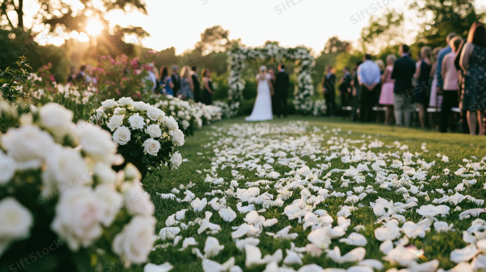 Bride and groom standing at floral arch during outdoor wedding ceremony on grassy lawn at sunset