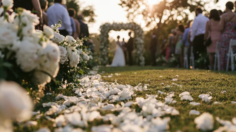 Bride and groom standing at floral arch during outdoor wedding ceremony at sunset