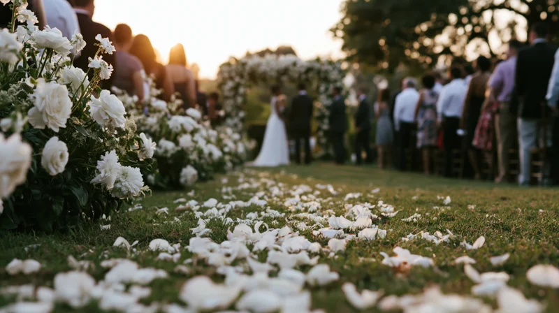 Couple standing at floral arch during outdoor wedding ceremony on grassy lawn at sunset