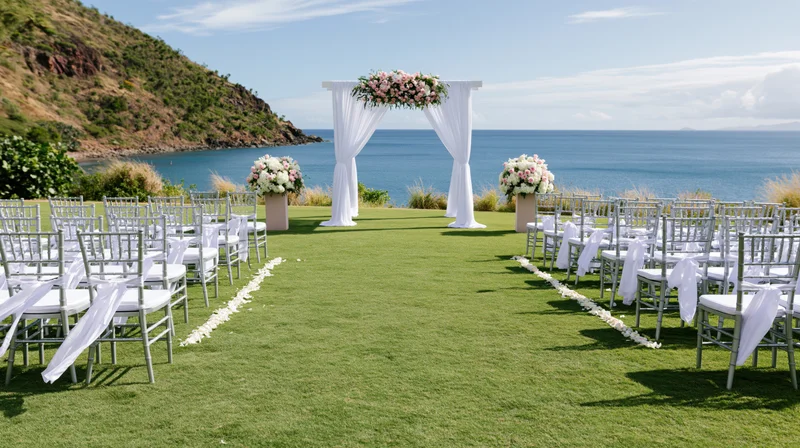 Wedding ceremony setup on manicured lawn overlooking ocean with white chairs and floral arch