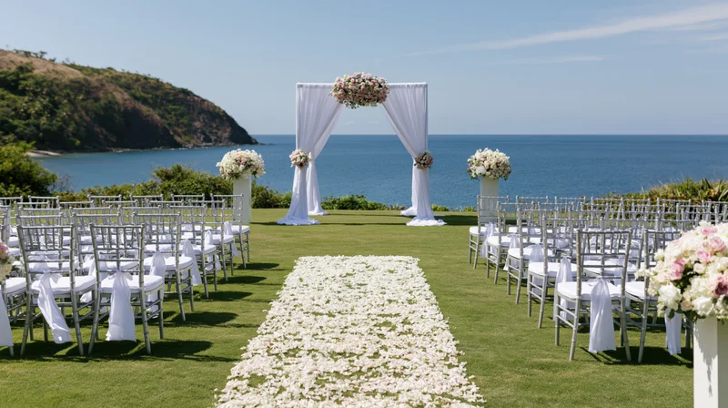 Wedding ceremony setup on a manicured lawn with floral aisle and ocean view