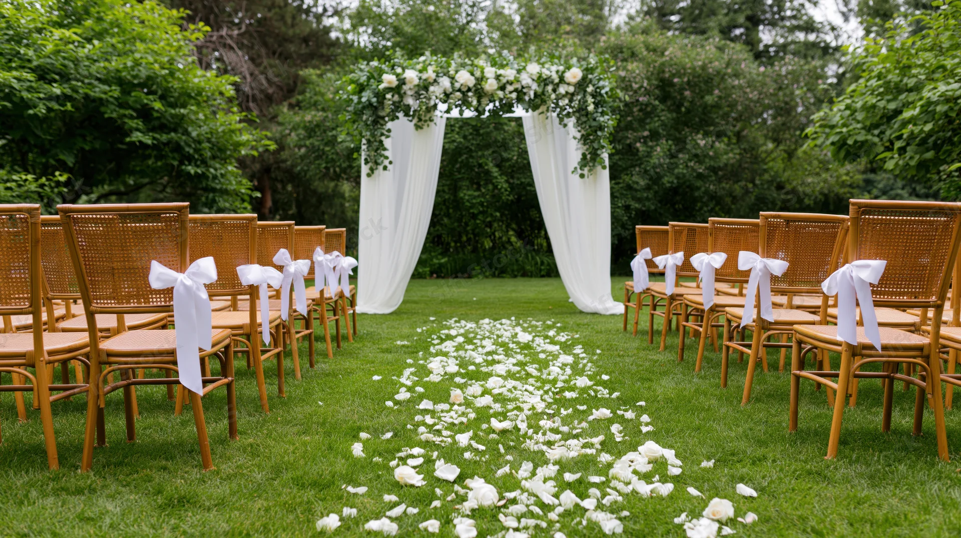 Rows of bamboo chairs with white ribbons flanking a flower-decorated arch on a green lawn with scattered rose petals forming an aisle