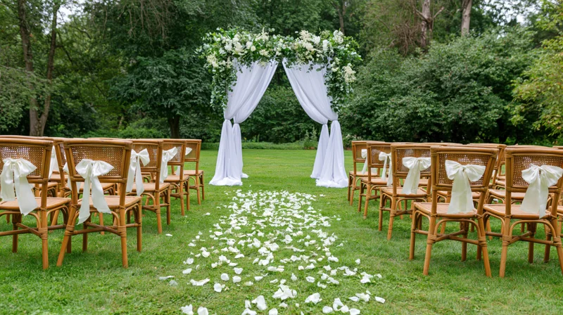 Wedding ceremony setup on a green lawn with floral arch and bamboo chairs arranged for guests
