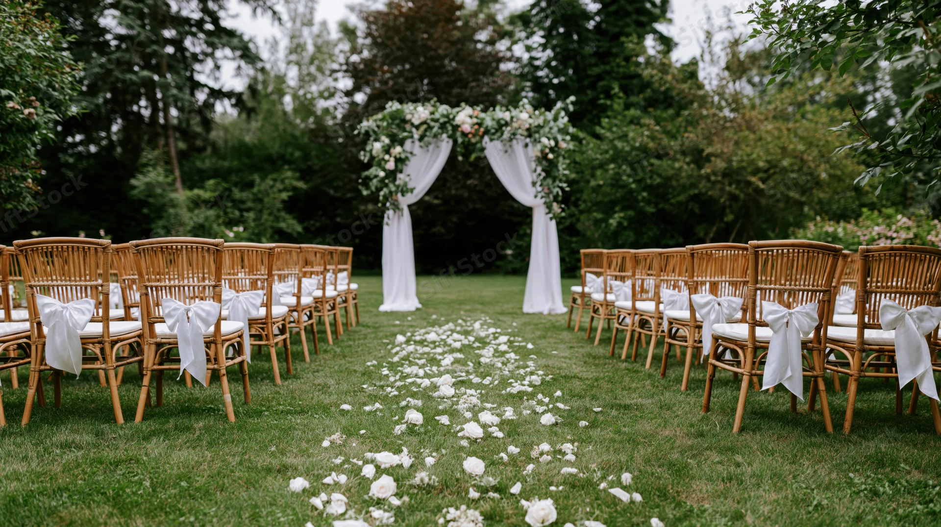 Rows of bamboo chairs with white bows facing a floral arch on a green lawn with scattered petals forming an aisle