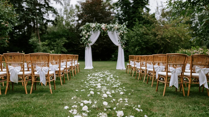Rows of bamboo chairs with white bows facing a floral arch on a green lawn with scattered petals forming an aisle