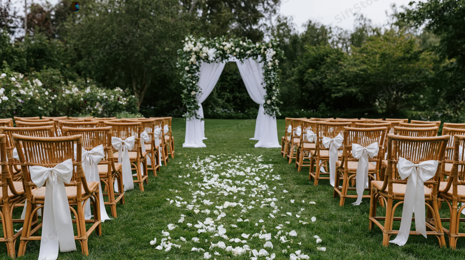 Rows of bamboo chairs with white bows facing a floral arch on a green lawn with scattered petals forming an aisle
