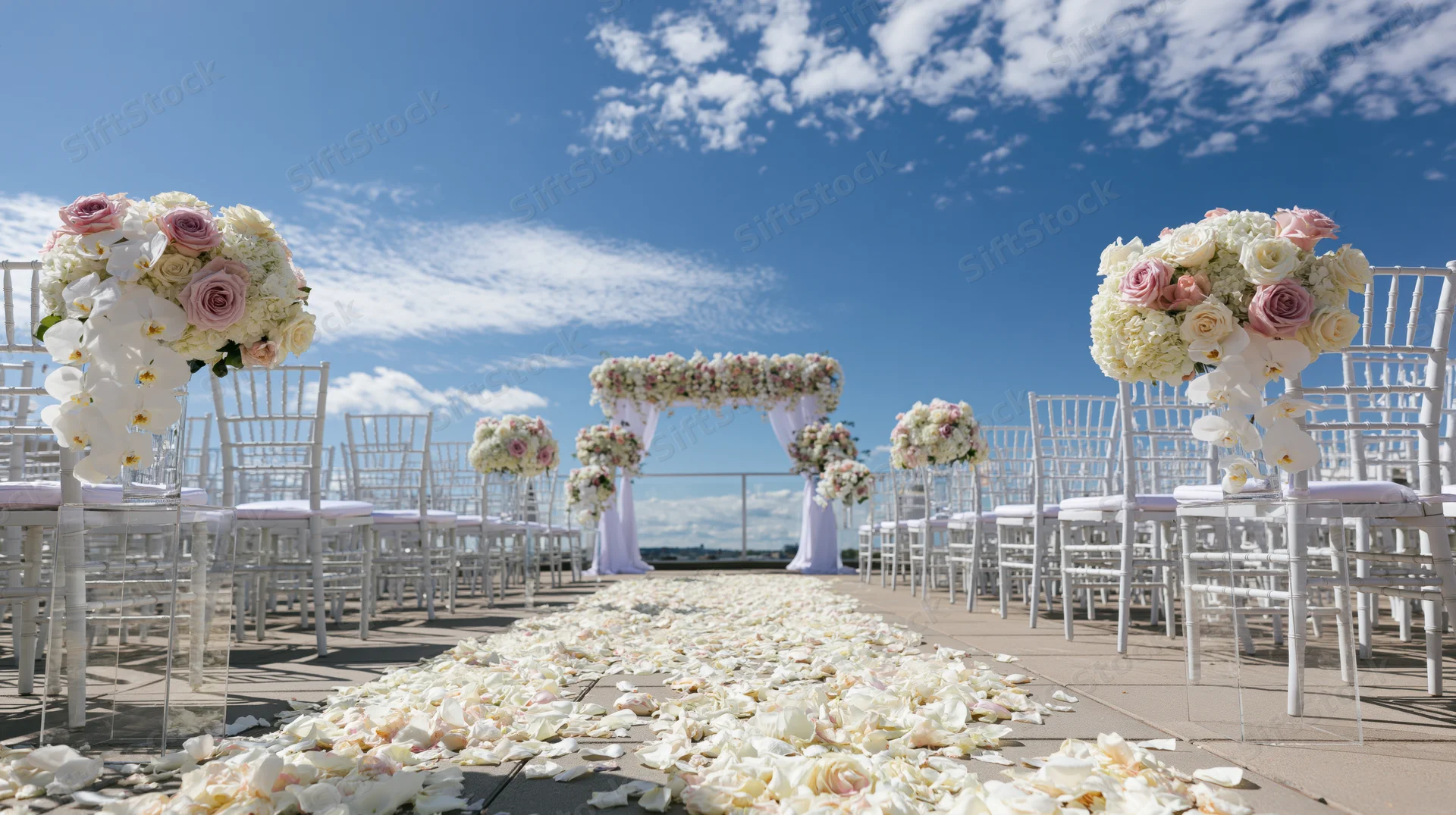 Wedding ceremony setup on elevated terrace with white chairs and floral arch under blue sky