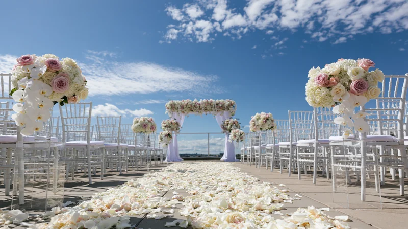 Wedding ceremony setup on elevated terrace with white chairs and floral arch under blue sky