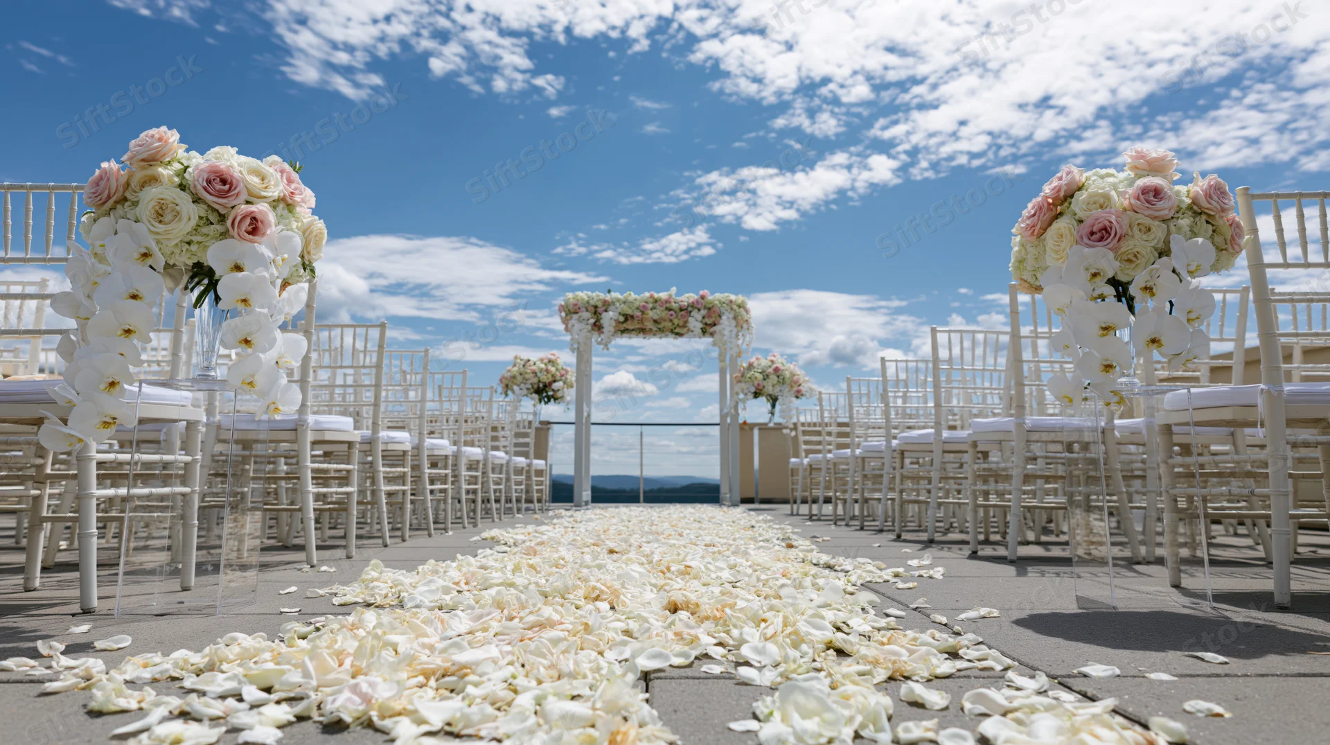 Wedding ceremony setup on elevated terrace with floral arch and petal-covered aisle