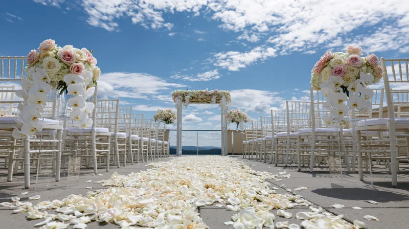 Wedding ceremony setup on elevated terrace with floral arch and petal-covered aisle