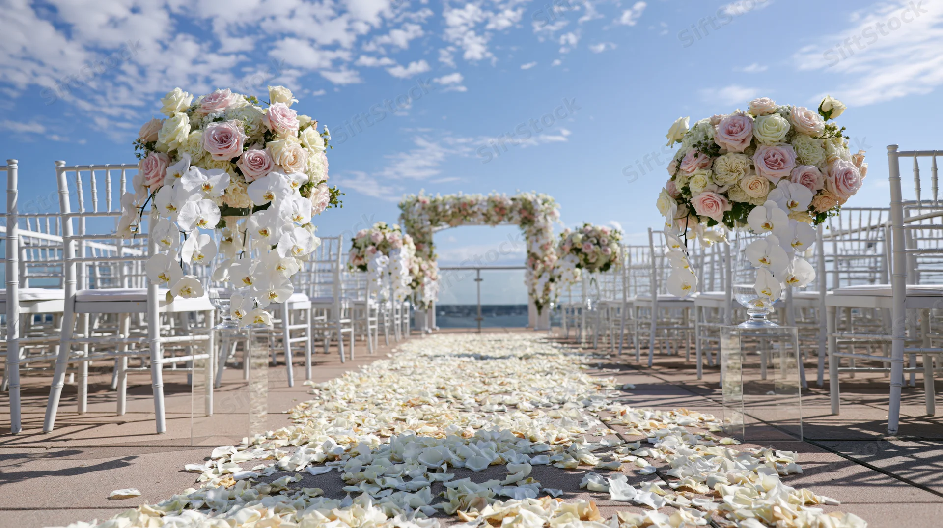 Wedding ceremony setup on an elevated terrace with floral arch and aisle of petals overlooking the ocean