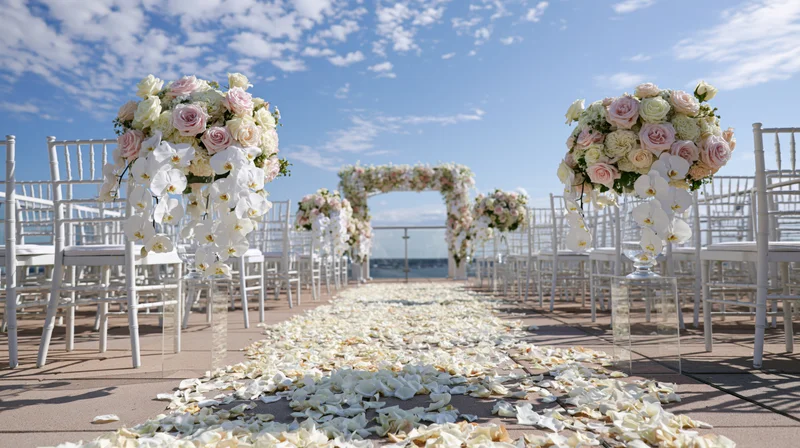 Wedding ceremony setup on an elevated terrace with floral arch and aisle of petals overlooking the ocean