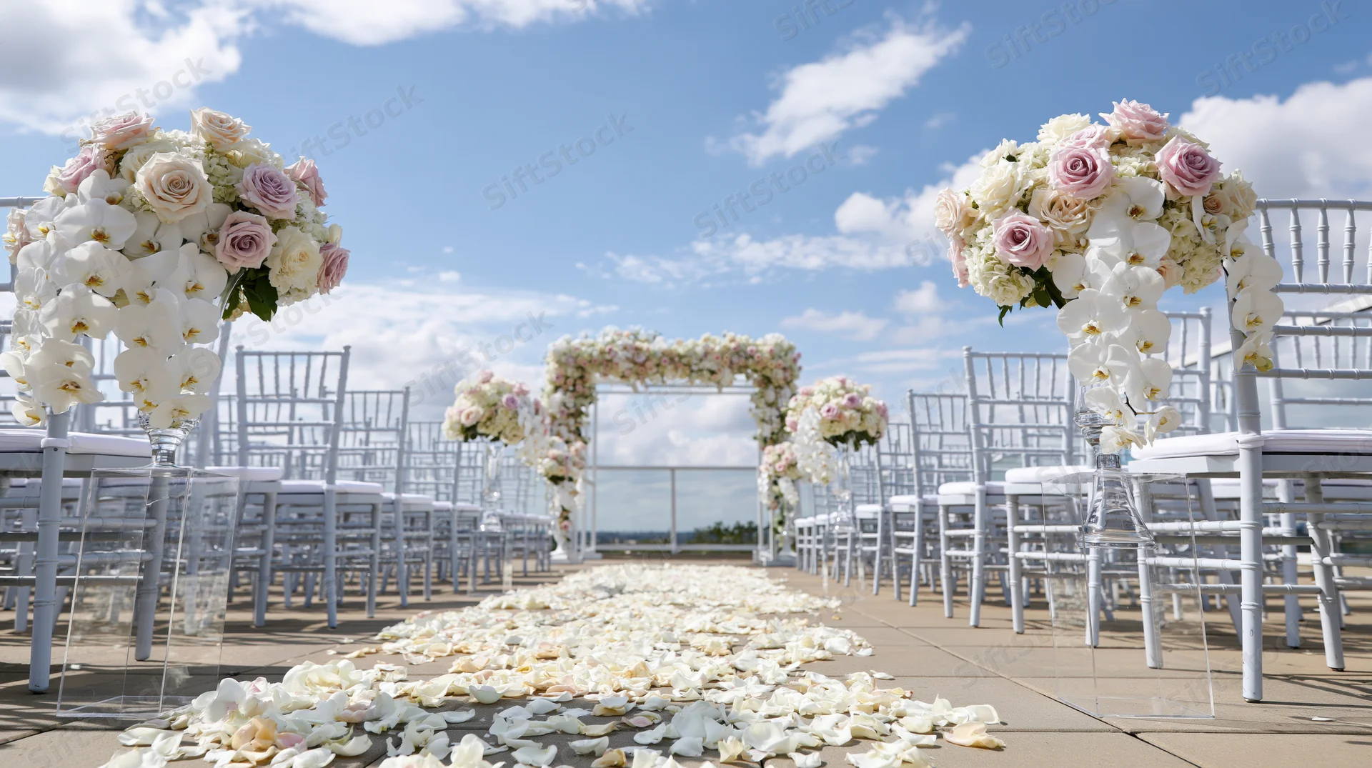 Wedding ceremony setup on elevated terrace with floral arch and aisle of petals overlooking ocean