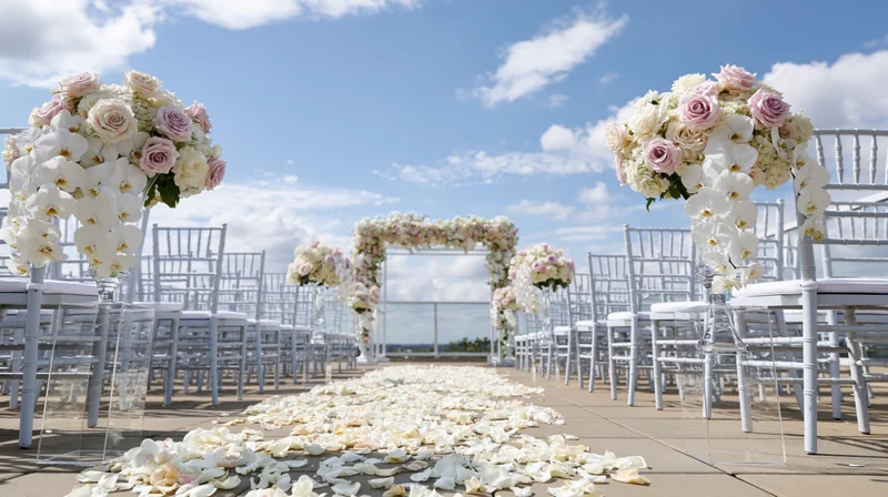 Wedding ceremony setup on elevated terrace with floral arch and aisle of petals overlooking ocean