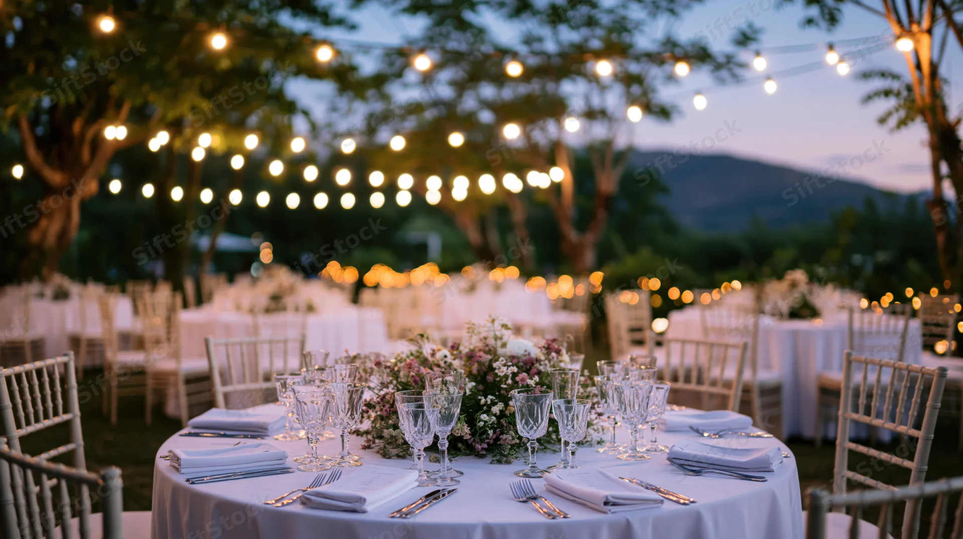 Round table set for wedding reception with white linen and crystal glassware under string lights in a garden at dusk