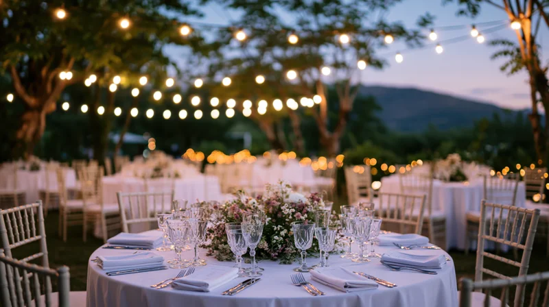 Round table set for wedding reception with white linen and crystal glassware under string lights in a garden at dusk