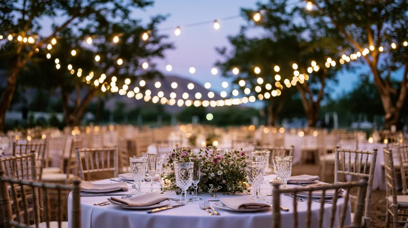 Outdoor wedding reception table set with white linen and crystal glassware under string lights at twilight