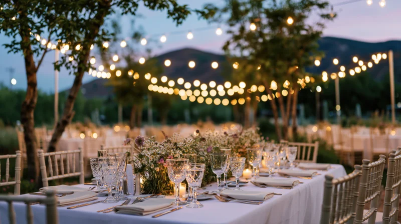 Outdoor wedding reception table set with white linen and crystal glassware under string lights at twilight