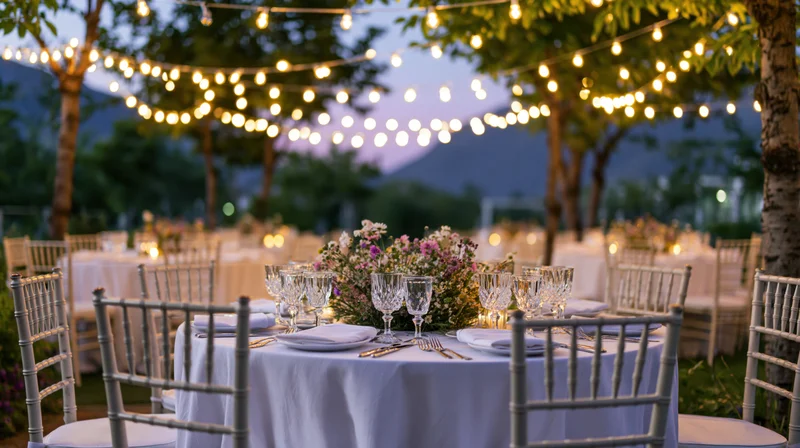 Round table set with white linen and crystal glassware under string lights in a garden at twilight