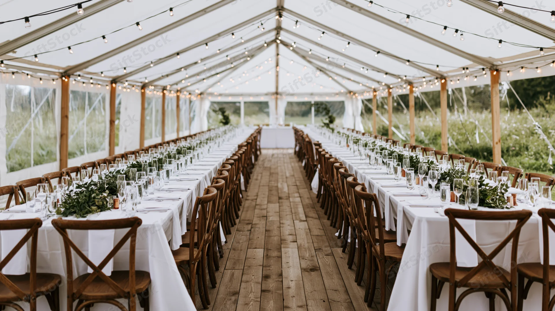 Long banquet tables set for wedding reception inside a white tent with string lights and greenery centerpieces