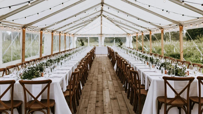 Long banquet tables set for wedding reception inside a white tent with string lights and greenery centerpieces