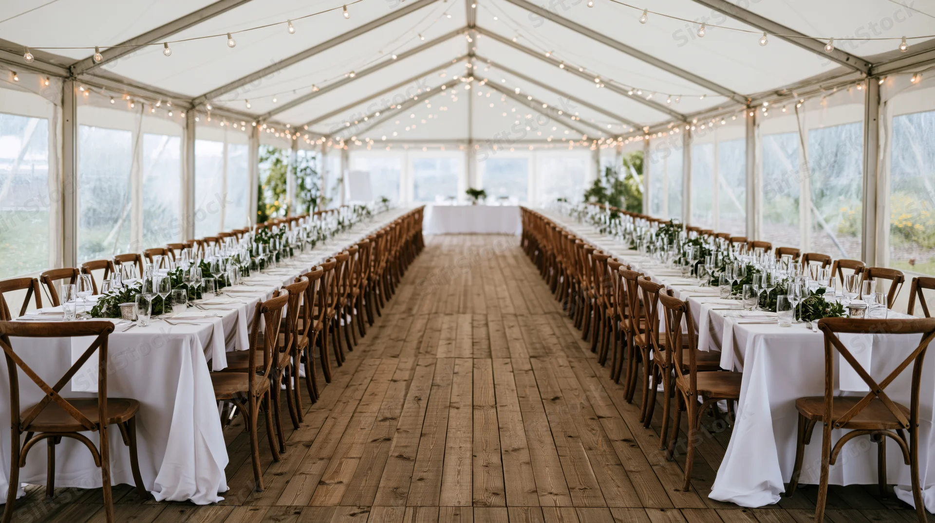 Long banquet tables set for wedding reception inside a white tent with string lights and wooden flooring