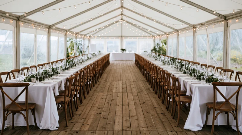 Long banquet tables set for wedding reception inside a white tent with string lights and wooden flooring