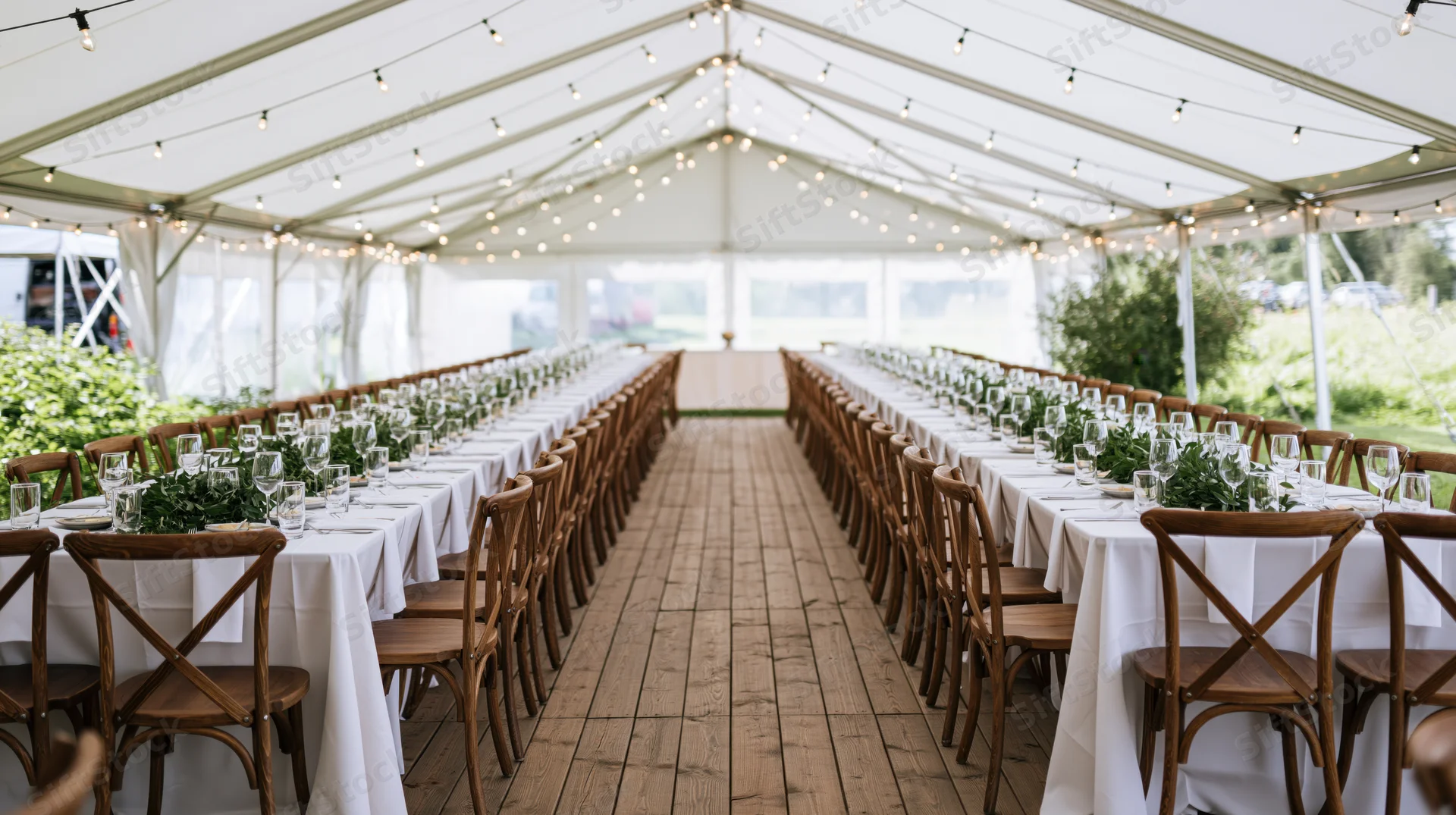 Long banquet tables with white linens and wooden chairs under a tented reception space with string lights and greenery centerpieces