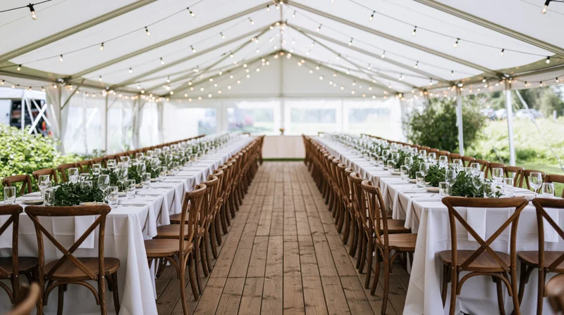 Long banquet tables with white linens and wooden chairs under a tented reception space with string lights and greenery centerpieces