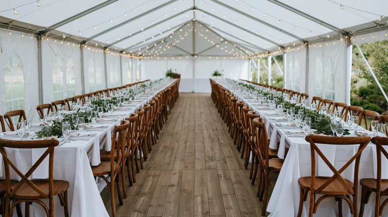Long banquet tables set for wedding reception inside a white tent with string lights and wooden chairs