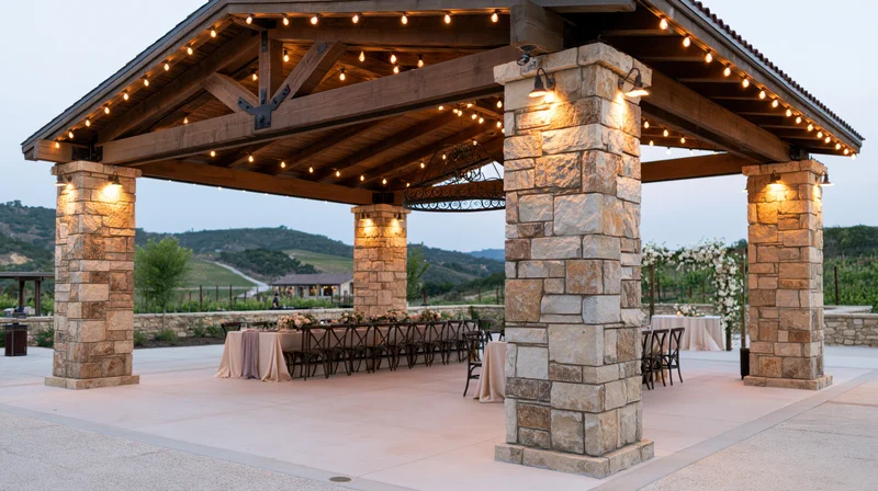 Outdoor winery wedding pavilion set for reception with stone columns, wooden roof, string lights, and tables under twilight sky