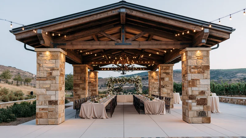 Wedding reception set under a stone and wood pavilion at a winery with string lights and floral arch at twilight