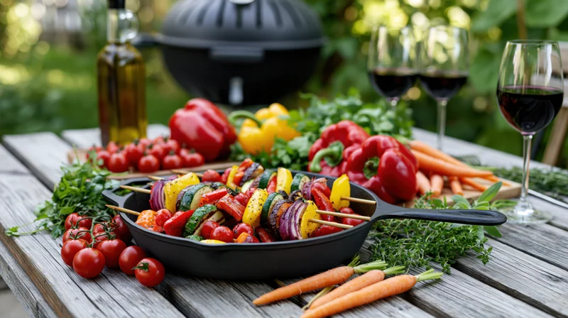 Vegetable skewers in a cast iron pan on a wooden patio table with wine and fresh produce around