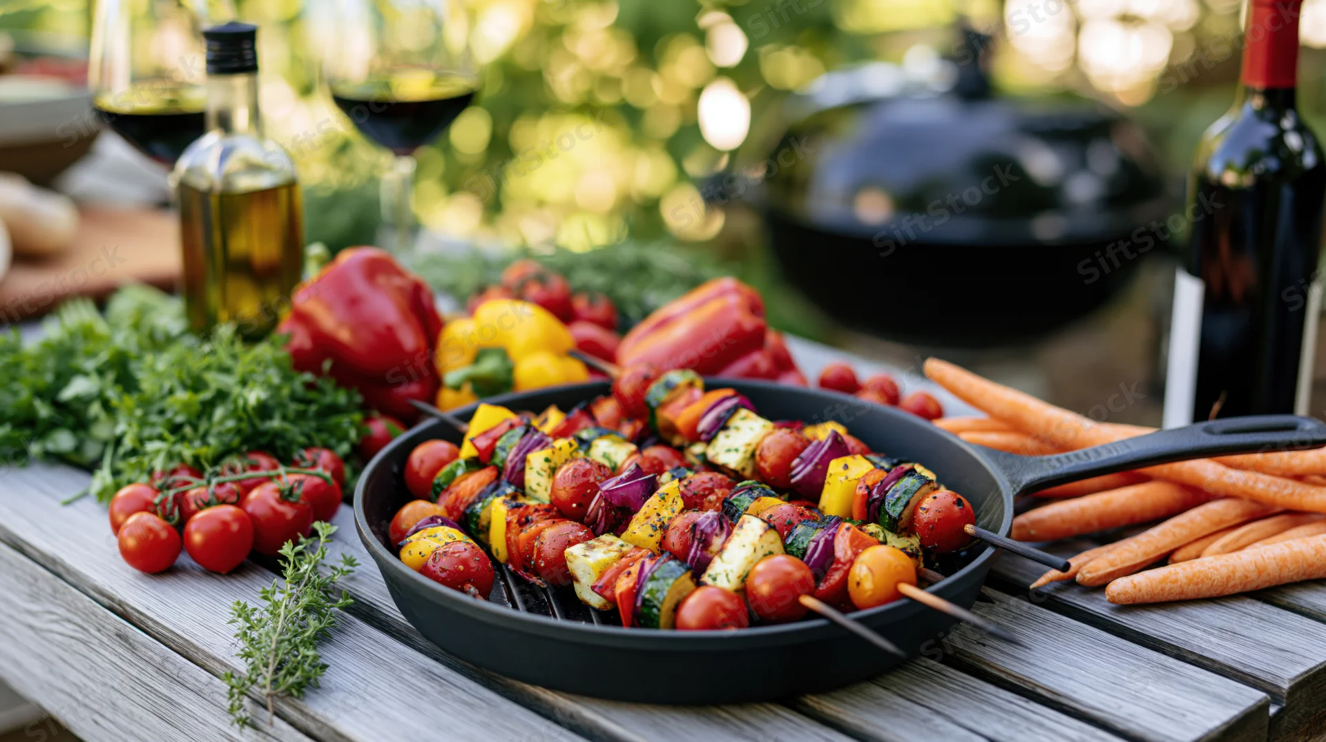 Vegetable skewers in a cast iron pan on a wooden patio table outdoors
