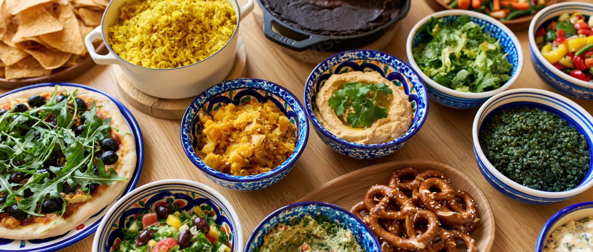 Overhead view of a shared meal spread with various dishes and snacks on a wooden table