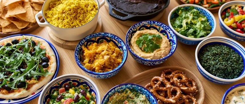 Overhead view of a shared meal spread with various dishes and snacks on a wooden table