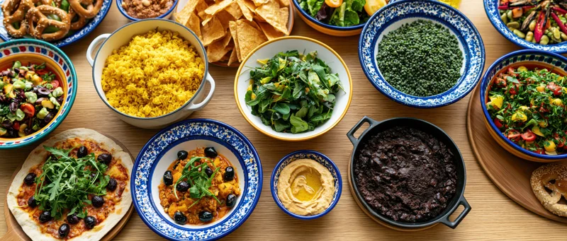 Overhead view of a shared meal spread with various dishes on a wooden table