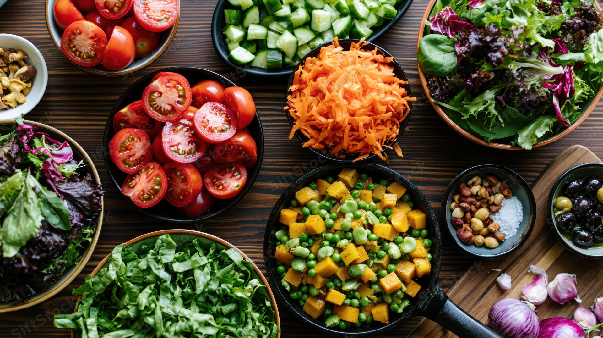 Overhead flat-lay of fresh chopped vegetables and salad ingredients arranged on a dark wooden kitchen table