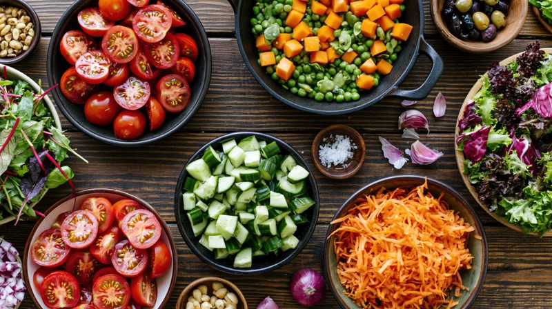 Overhead flat-lay of chopped vegetables and salad ingredients arranged on a dark wooden kitchen table