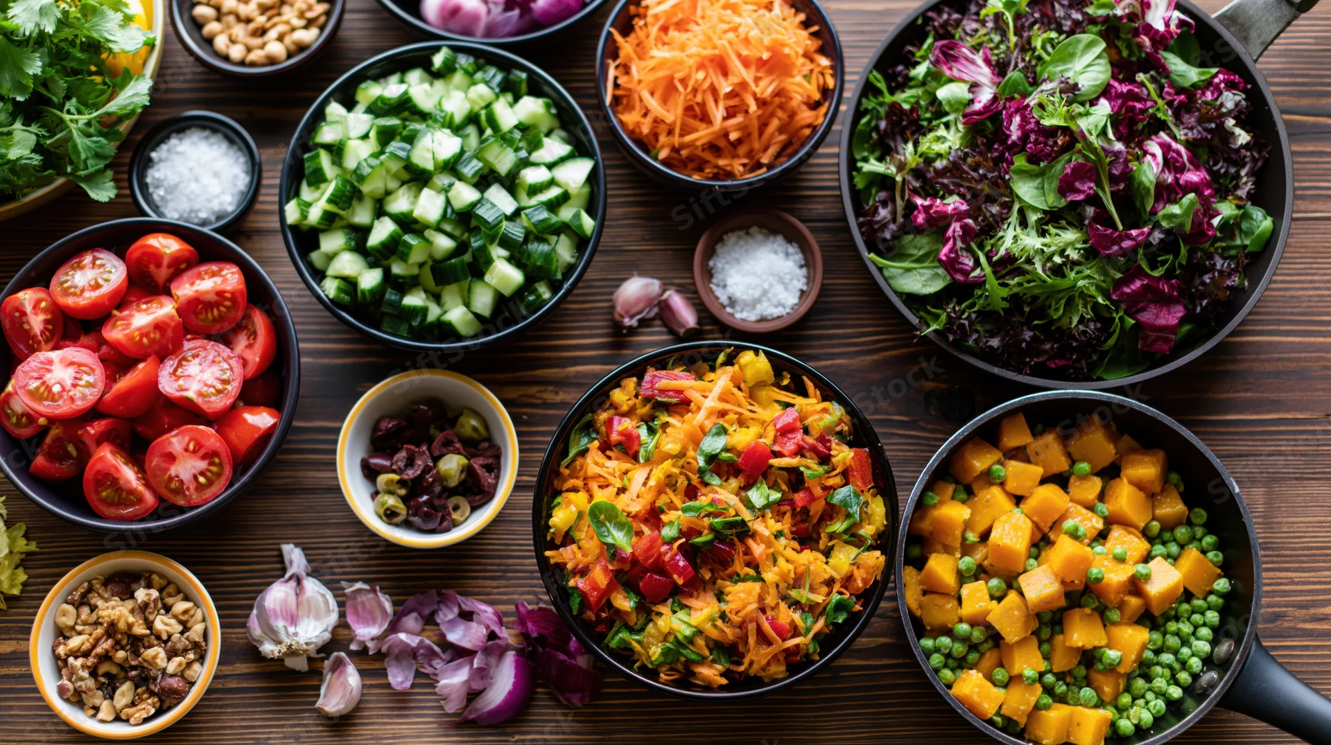 Overhead flat-lay of chopped vegetables and salad ingredients arranged on a dark wooden kitchen table