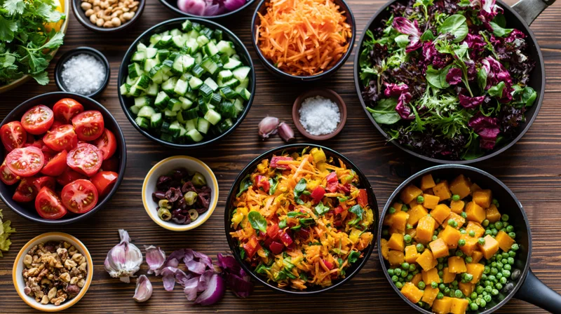 Overhead flat-lay of chopped vegetables and salad ingredients arranged on a dark wooden kitchen table