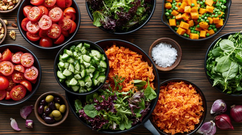 Overhead flat-lay of various chopped vegetables and salad ingredients arranged in bowls on a dark wooden kitchen table