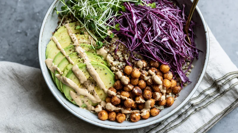 Overhead view of a grain bowl with quinoa, avocado, roasted chickpeas, purple cabbage, and sprouts in a ceramic dish on a gray surface with a linen napkin