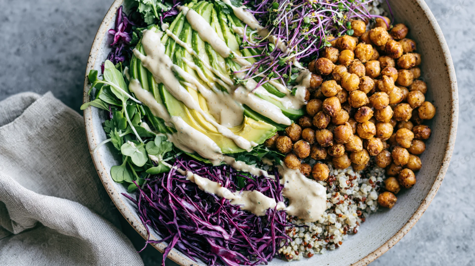 Overhead flat-lay of a grain bowl with quinoa, roasted chickpeas, sliced avocado, purple cabbage, microgreens, and creamy dressing in a matte ceramic dish on a gray surface with a linen napkin beside it