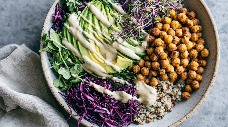 Overhead flat-lay of a grain bowl with quinoa, roasted chickpeas, sliced avocado, purple cabbage, microgreens, and creamy dressing in a matte ceramic dish on a gray surface with a linen napkin beside it