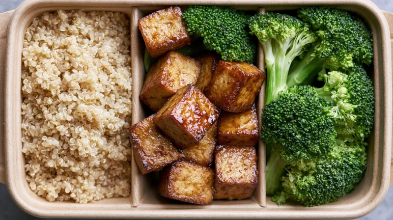 Overhead view of a divided kraft paper box containing quinoa, glazed tofu cubes, and steamed broccoli