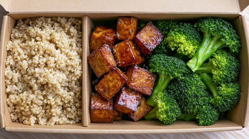 Overhead view of a divided kraft paper takeout box containing quinoa, glazed tofu cubes, and steamed broccoli