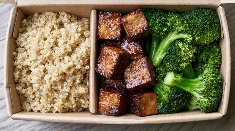 Overhead view of a divided kraft paper takeout box containing quinoa, glazed tofu cubes, and steamed broccoli